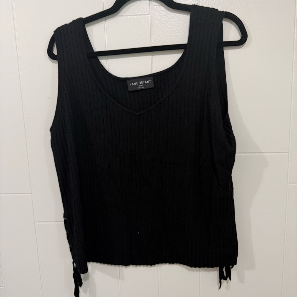 Lane Bryant Black Ribbed V-Neck Tie-Side Tank